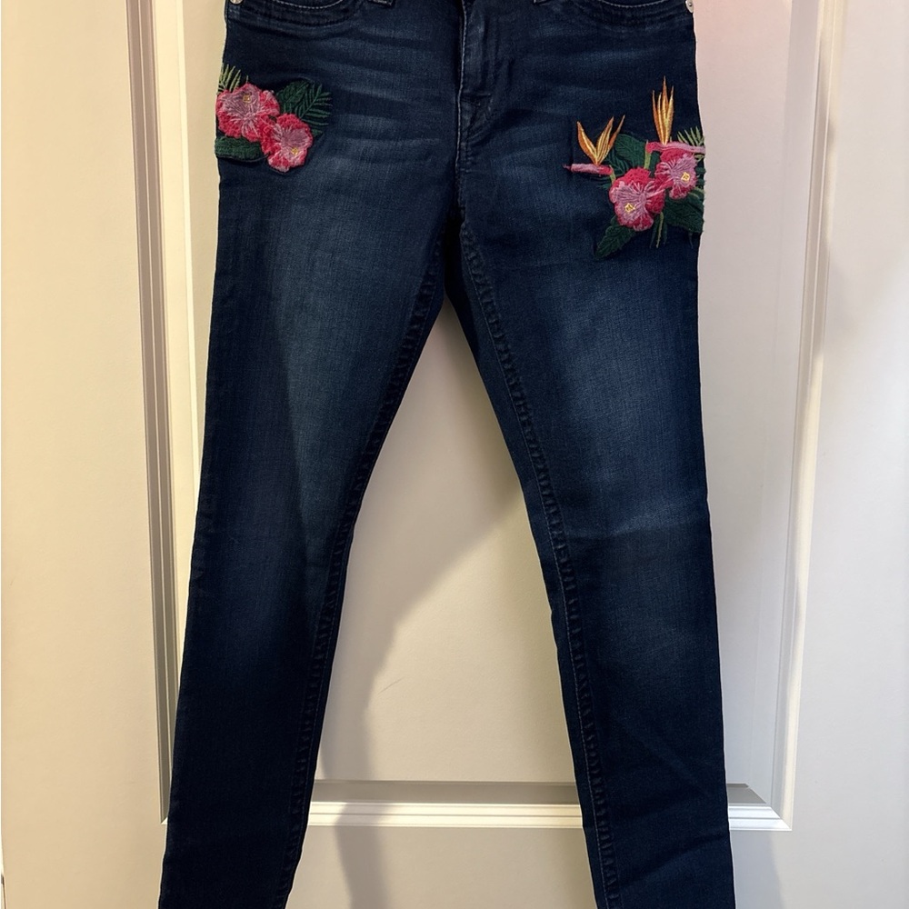 True Religion Dark Blue Skinny Jeans with Floral Embroidery